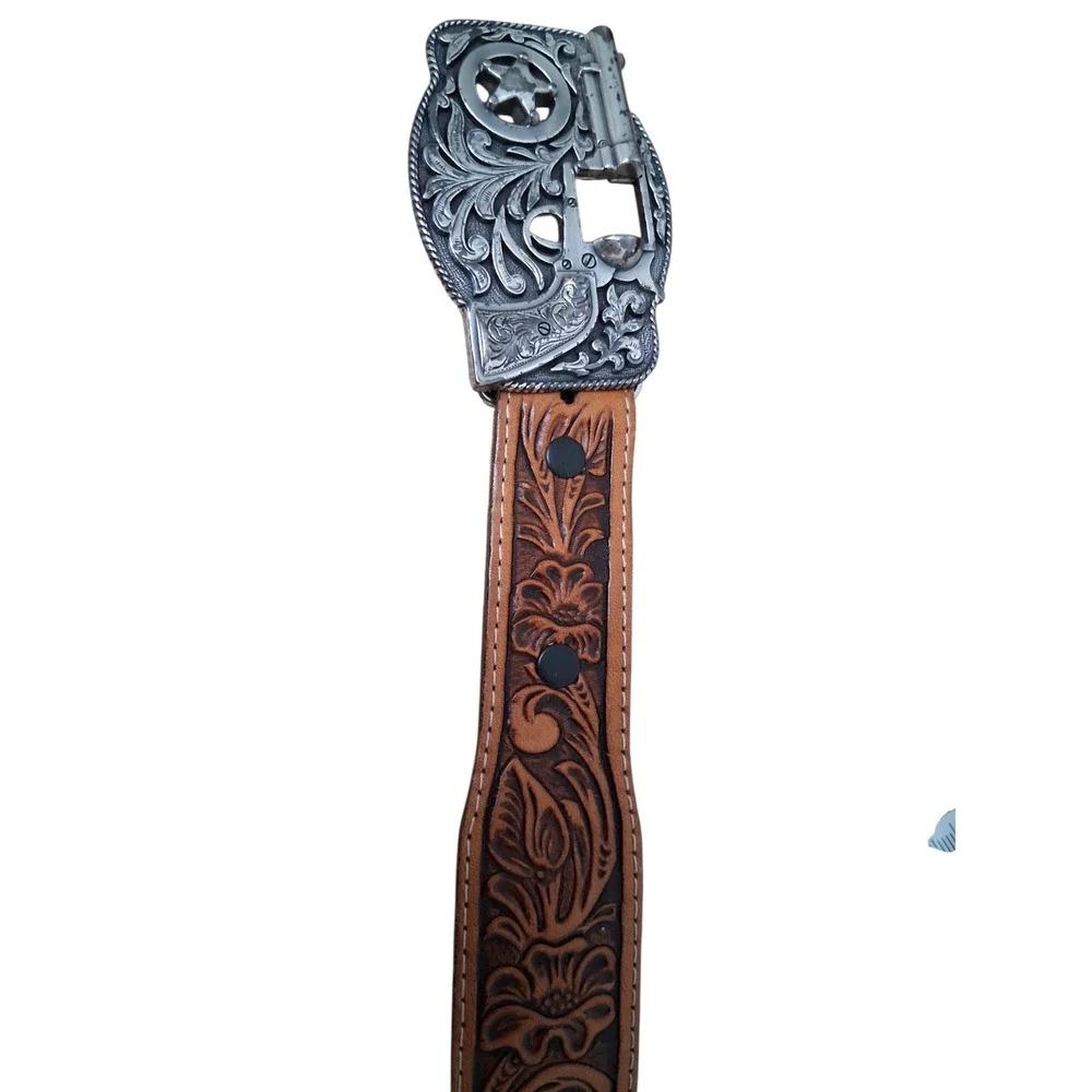 Justin Brown Tooled Leather Kids size 26 Little Trigger Western Belt & Buckle‎